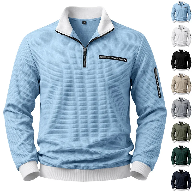 Europe, America Spring and Autumn Men's Zipper Men's Waffle Casual Sports Polo POLO Shirt Sweater