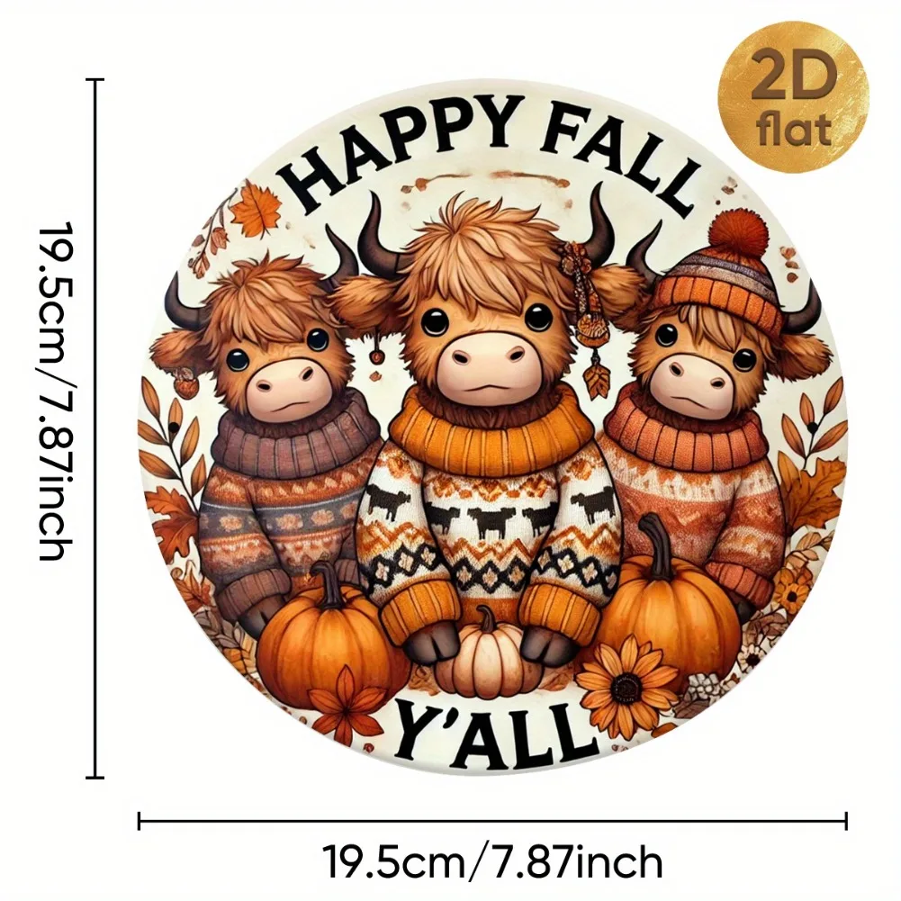 علامة إكليل البقرة المرتفعات العتيقة "Happy Fall Y'All" - قطعة واحدة مقاس 7.87 × 7.87 بوصة فن جداري حديدي مستدير مسطح ثنائي الأبعاد، ديكور للمنزل والمقهى والشرفة