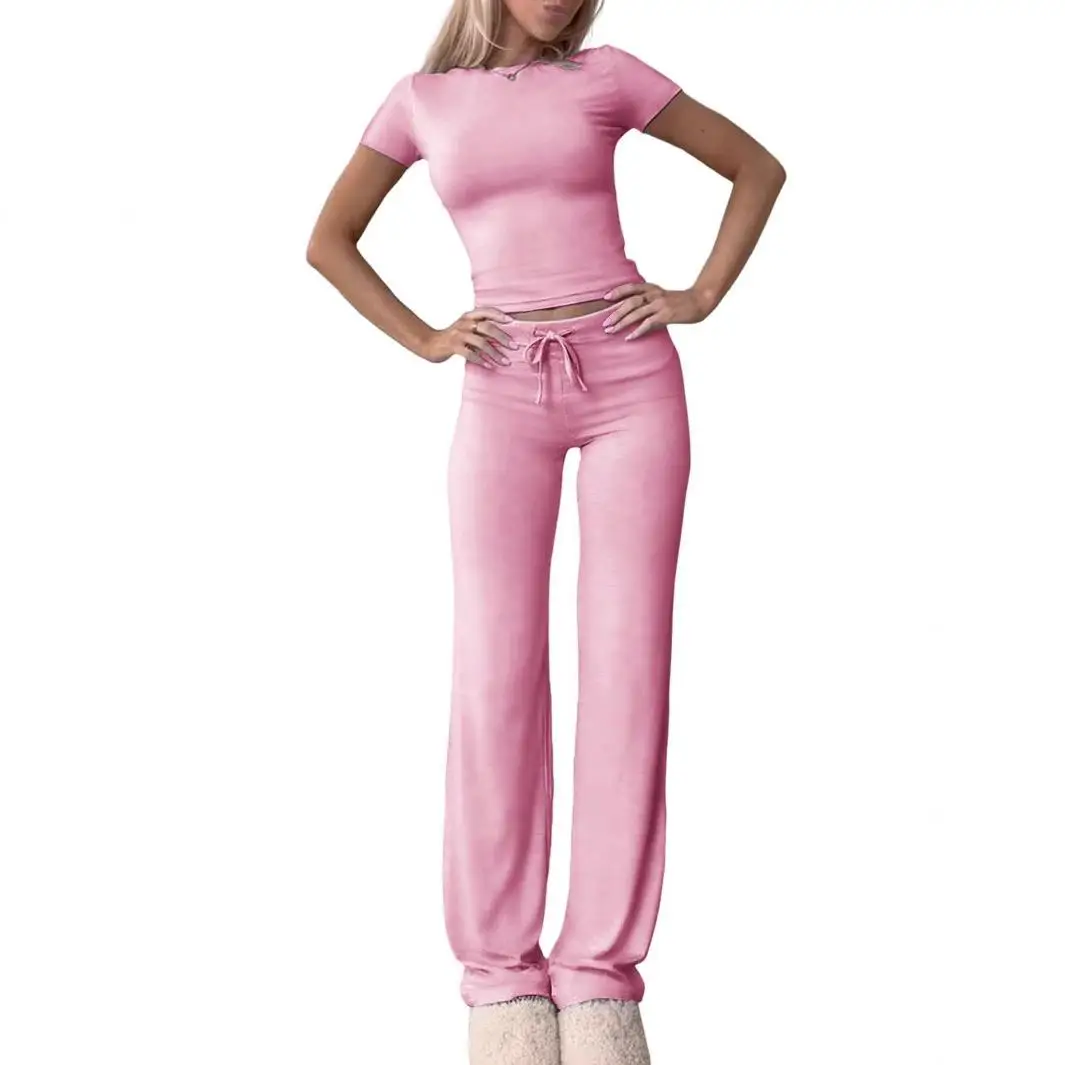 طقم ملابس رياضية غير رسمية بلون واحد، قميص بأكمام قصيرة وبنطلون طويل، ملابس منزلية، ملابس يوغا مريحة وقابلة للتنفس من قماش ال... #4