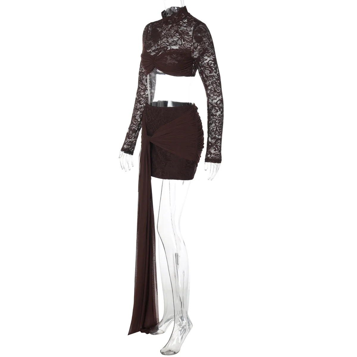 Elegante 2-teilige Set Kleider Frauen Langarm Spitze Tops und schlanke Miniröcke Sexy Club weibliche Streetwear passender Anzug