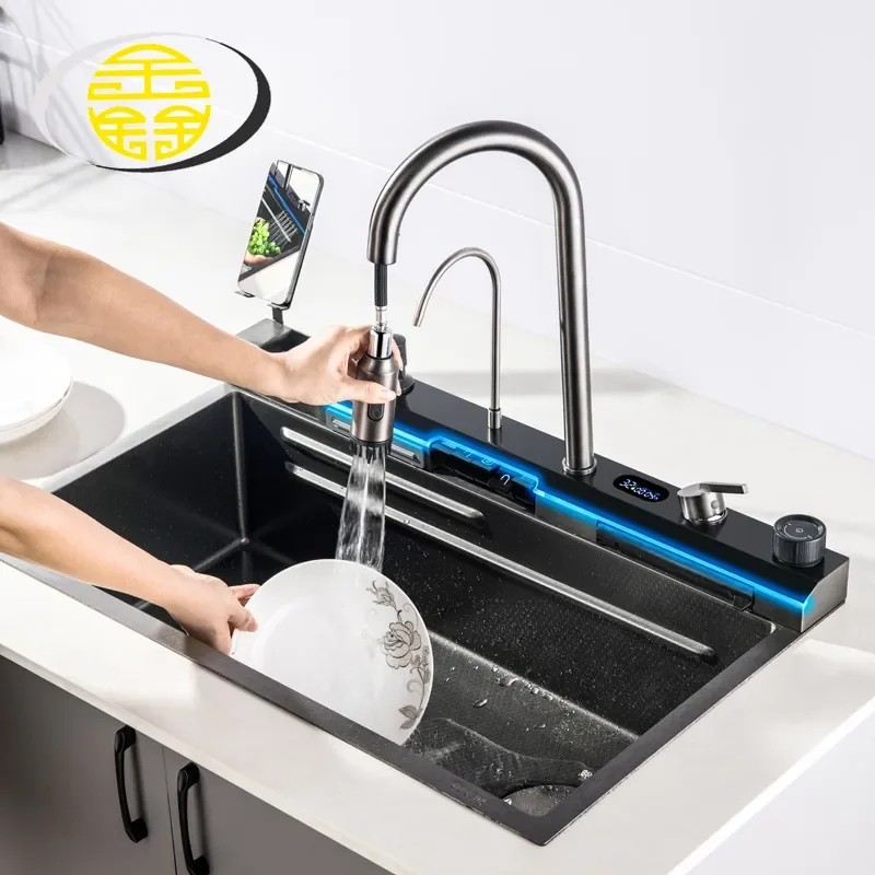 for Integrated Dragon Rain 304 Stainless Steel Whale Kitchen Sink with Unbroken Glass Flying Rain Design LED Digital Display