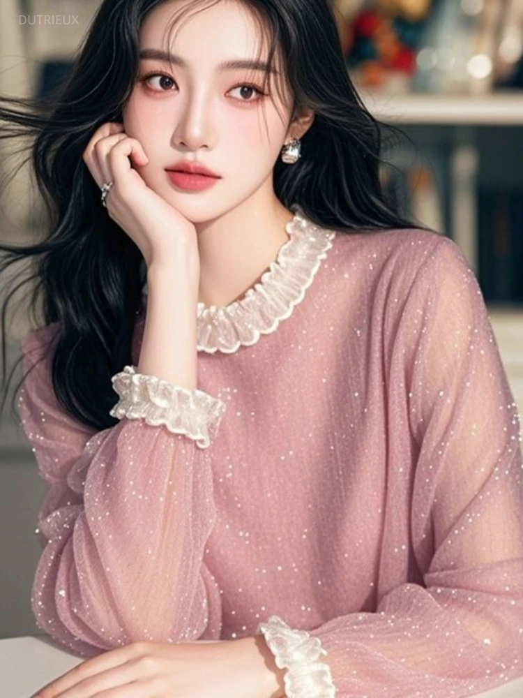 Summer Clothing In French - เสื้อเบลาส์สไตล์ฝรั่งเศส แต่งระบาย ผ้าปะต่อ คอตั้ง แขนยาว ดีไซน์เสื้อเชิ้ตท็อปส์