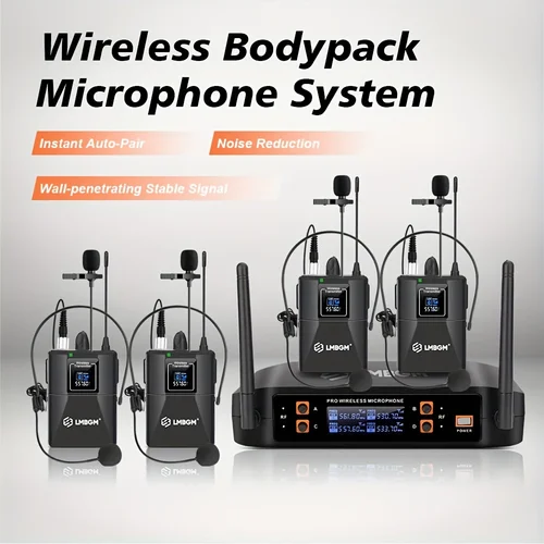 Imagen 2 del producto Sistema con micrófono inalámbrico LMBGM-D44, micrófono Lavalier/auriculares de 4 canales, conjunto inalámbrico de doble banda fija UHF para fiesta de boda en la Iglesia