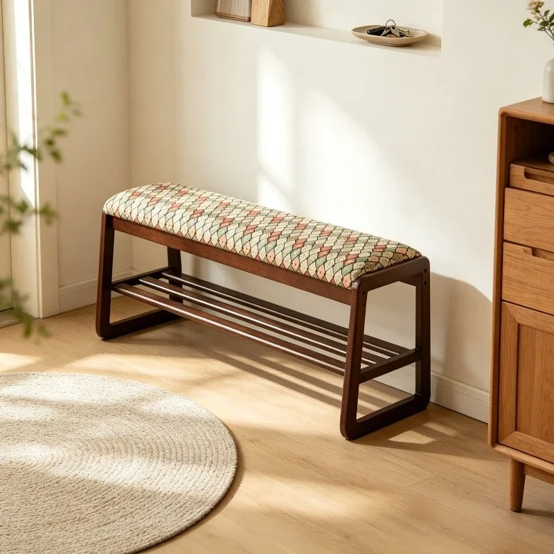 Retro Geometric Pattern Upholstered Wooden Shoe Bench Wood Frame Space Saving Hallway Changing Stool Bay Window Leisure Seat