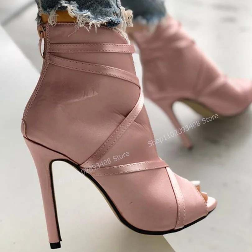 Hollow Peep Toe Satin Silk Sandal Boots Solid Back Zipper Shallow Thin High Heel Summer Women Shoes Sexy Shoes Zapatillas Mujer