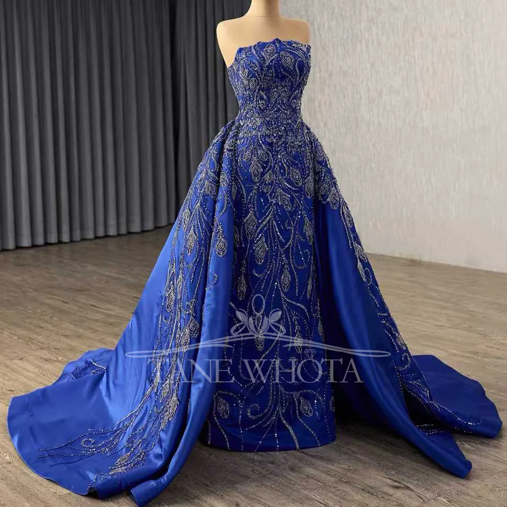 Blaues trägerloses, ärmelloses Abendkleid mit Schnürung am Rücken, Perlenstickerei und Pailletten, anpassbares Kleid für besondere Anlässe für Frauen