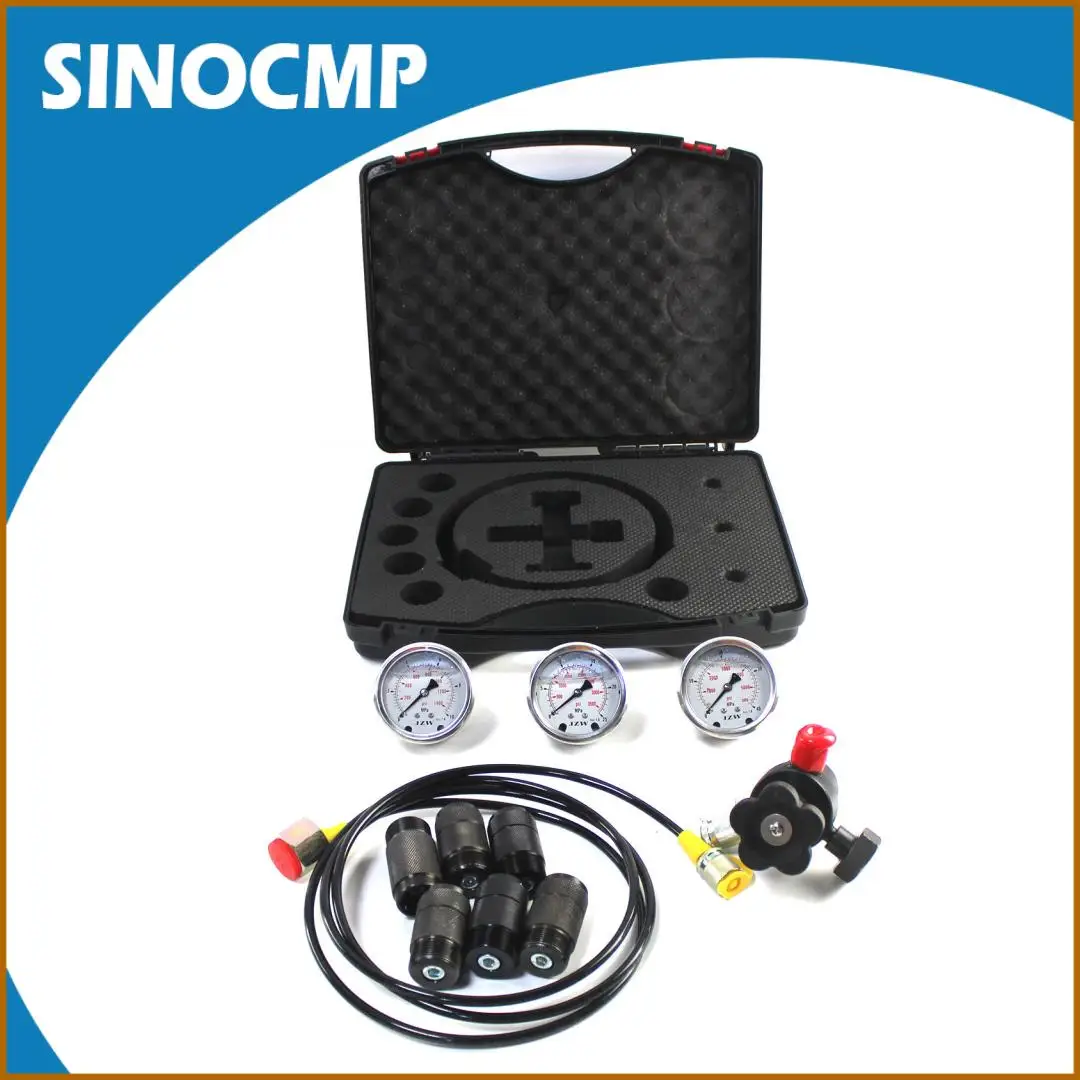 Hydraulic Gauge Test Kit with 3 Gauges 10Mpa/25Mpa/40Mpa, 7 Couplings UNF7/8 UNF5/8 UNF5/16 UNF1/2 G1/4 M14 M28 & Gas Hose