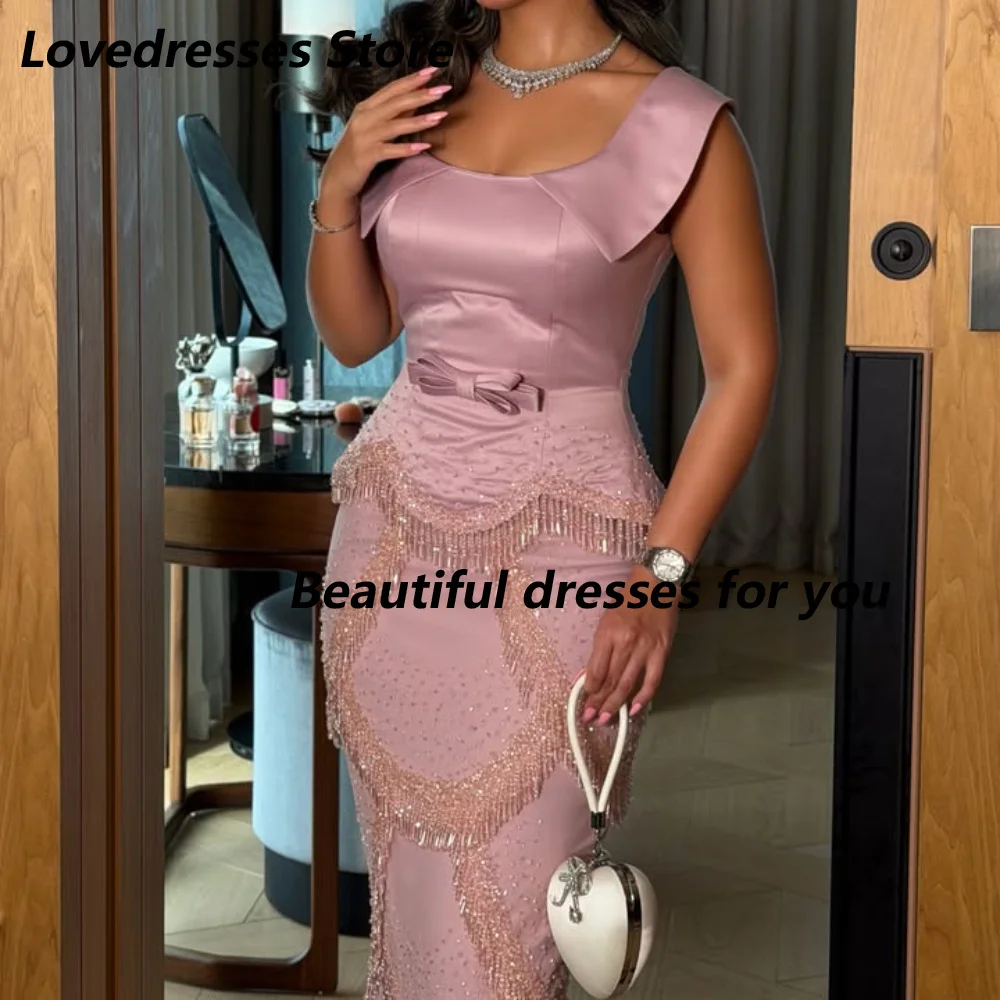 Customized Pink Satin Fold Collar Beaded Fringe Bow Mother Of The Bride Gown Waist  Mermaid Back Slit Wedding Guest Maxi Dress image 3