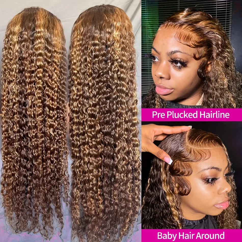 Human Hair 200 Density Deep Wave Highlight 4/27 Lace Front Wigs - 13X4 HD Transparent Ombre Lace Frontal Wigs - Pre Plucked Wet And Wavy Deep Wave