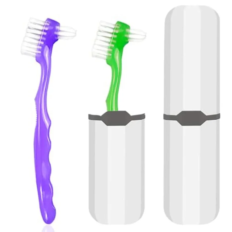 2-Piece Denture Cleaning Brush Set - Multi-Layered Bristles False Toothbrush with Ergonomic Handle and White Carrying Case for