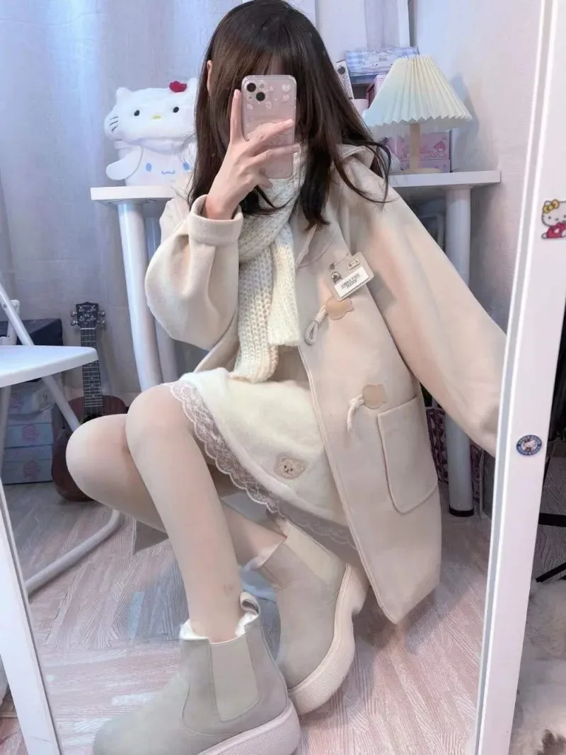 Japanese Streetwear Lolita Coat Women Elegant Wool Coat Autumn Winter Kawaii Clothing Long Sleeve Chic Jackets For Women 2022