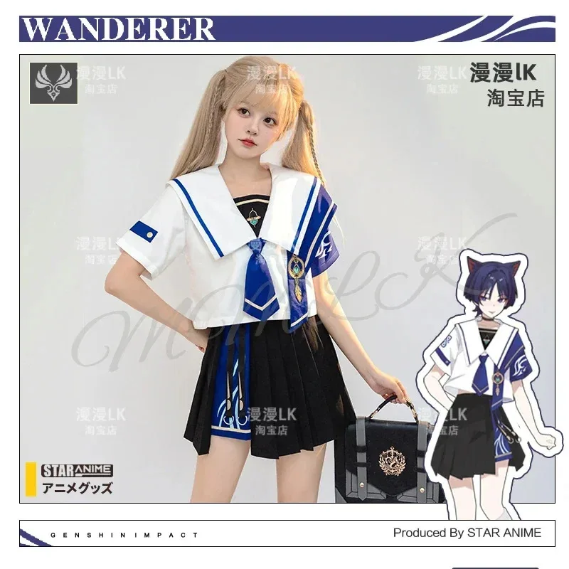 

Genshin Impact Game Cosplay Wanderer Women Girl JK Sailor Summer Uniform Short Sleeved Top Skirt Tie T-shirt Suit Anime Costumea