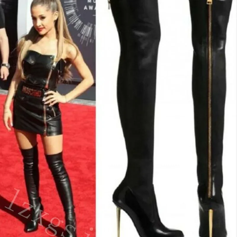 New Black Women's Boots Fashionable Solid Color Thin High Heel Metal Back Zipper Over Knee Boots for Women