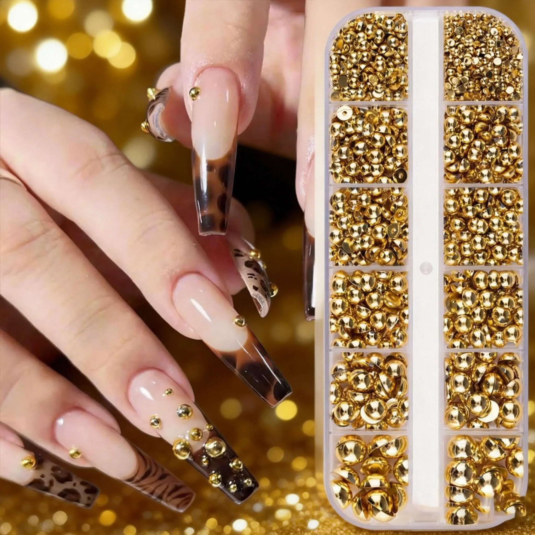 12 Grids Gold Half Round Pearls Nail Art Charms 6 Sizes Flatback Pearl Beads Nail Decorations Daily Party DIY Manicure Supplies-
