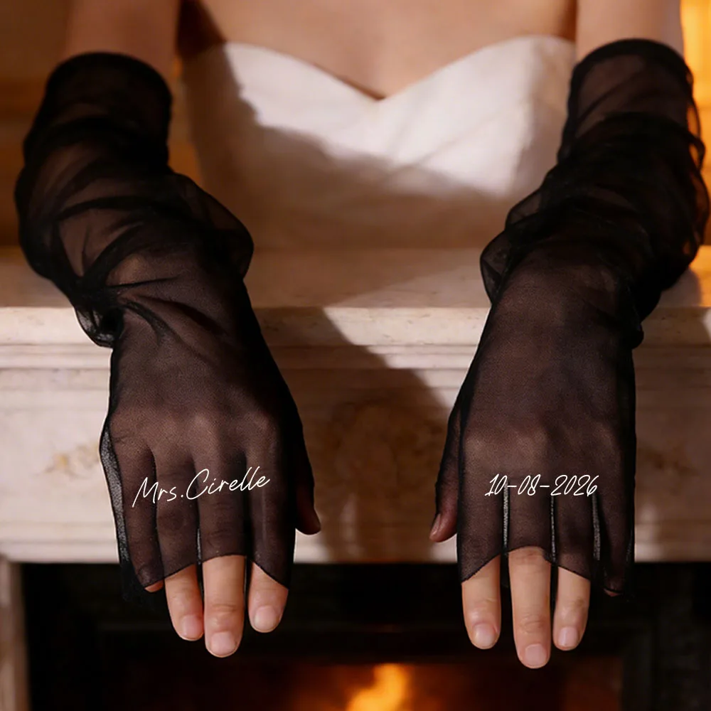 Personalized Long Mesh Bridal Gloves,Customized Name And Date Soft Tulle,Bridal/Wedding Gloves/Sleeves,Suitable For Prom Parties view 5
