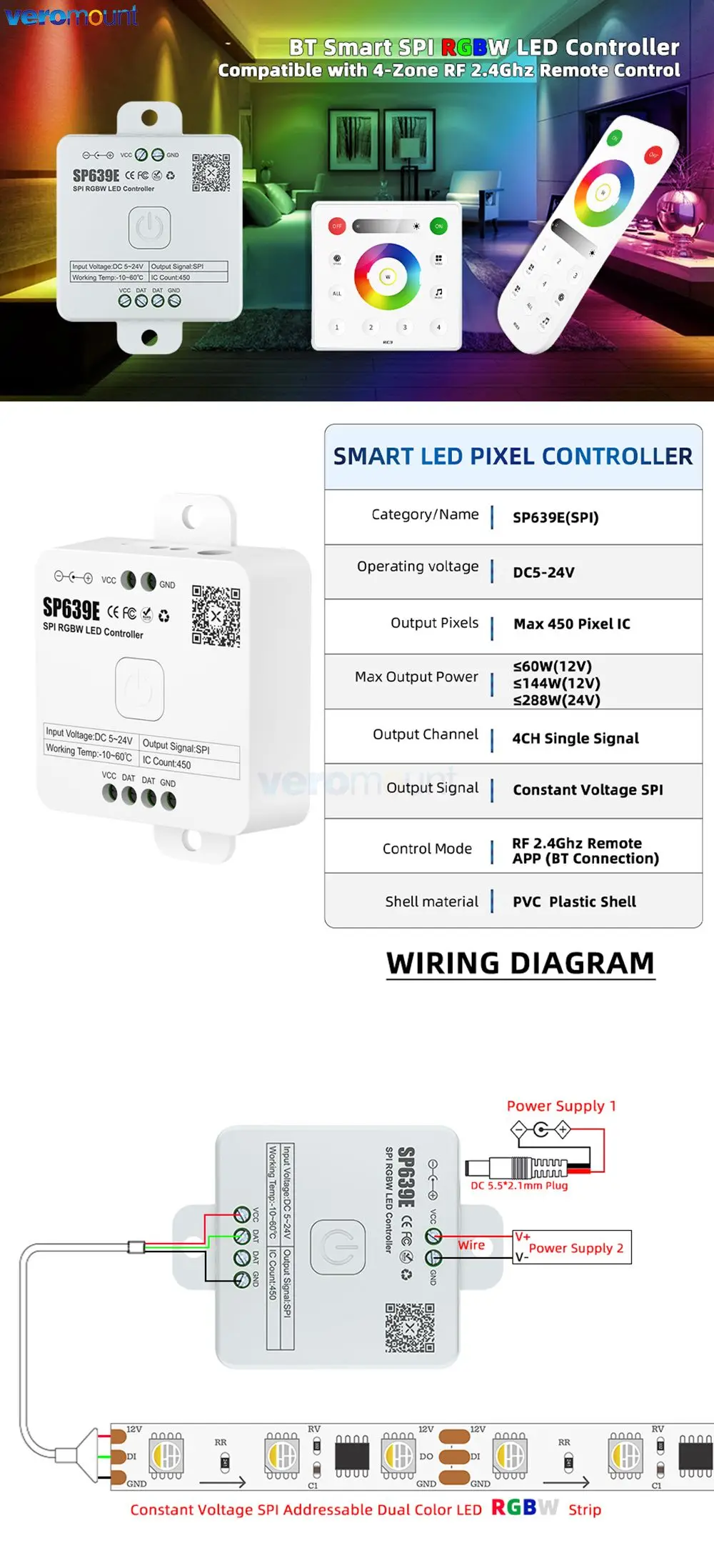 SP636E-SP639E SPI FCOB Pixels LED Controller SK6812 WS2814 RGBW WS2812B RGB Light Strip Bluetooth Music IOS Android 2.4G 5V-24V
