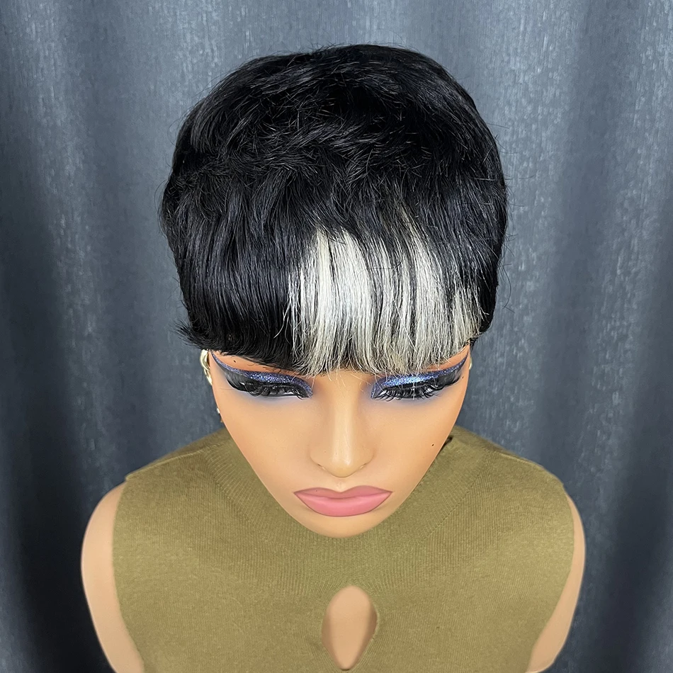 1B/60 ショートピクシーカット人毛ウィッグ、前髪付き、オンブレブラックミックスホワイト＆ブルーストレートブラジル人毛マシンメイドウィッグ