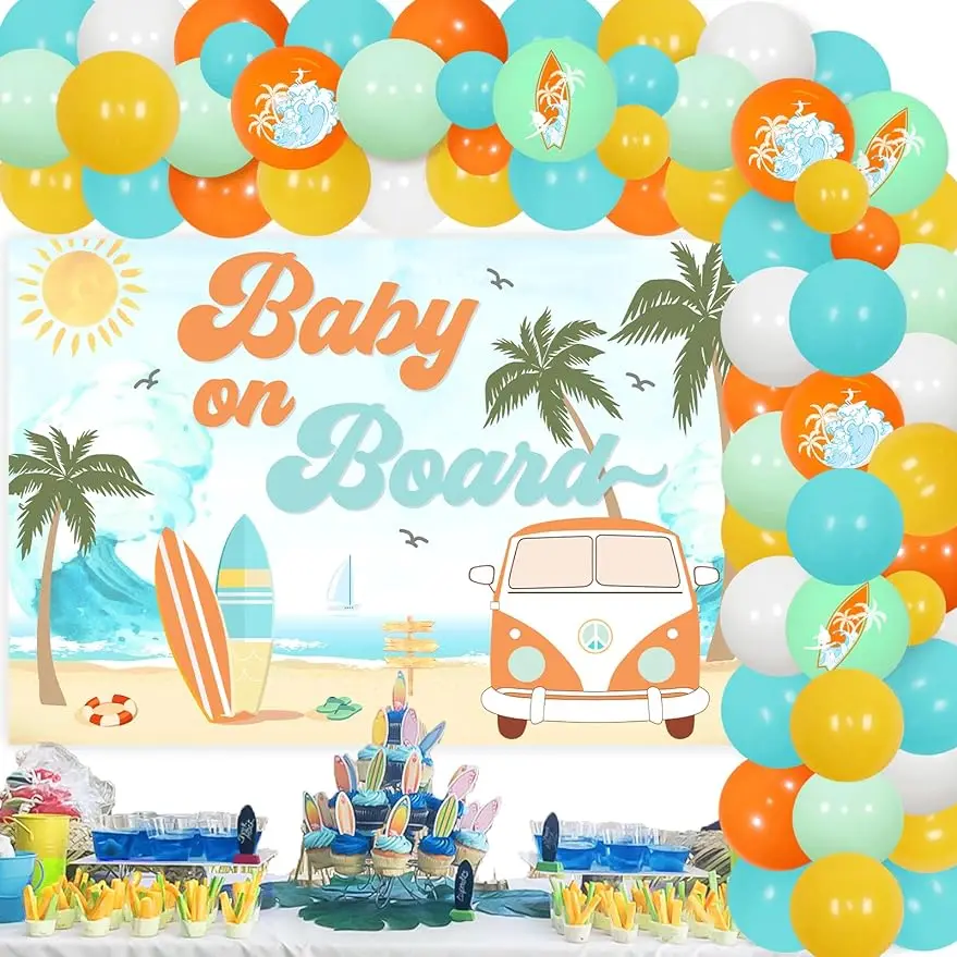 

Surf Baby Shower Decorations Baby on Board Backdrop with Surf Balloon Garland Arch Kit Summer Beach Baby Shower Party Supplies