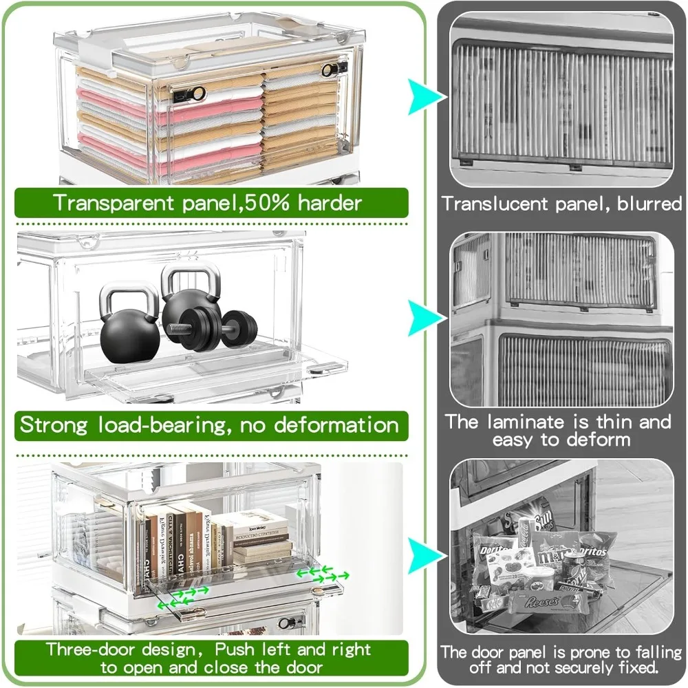 CTSNSLH 4 Pack Storage Bins with Lids, 48Quart Clear Stackable Storage Bins with Wheeled and Doors, Folding Storage Boxes,