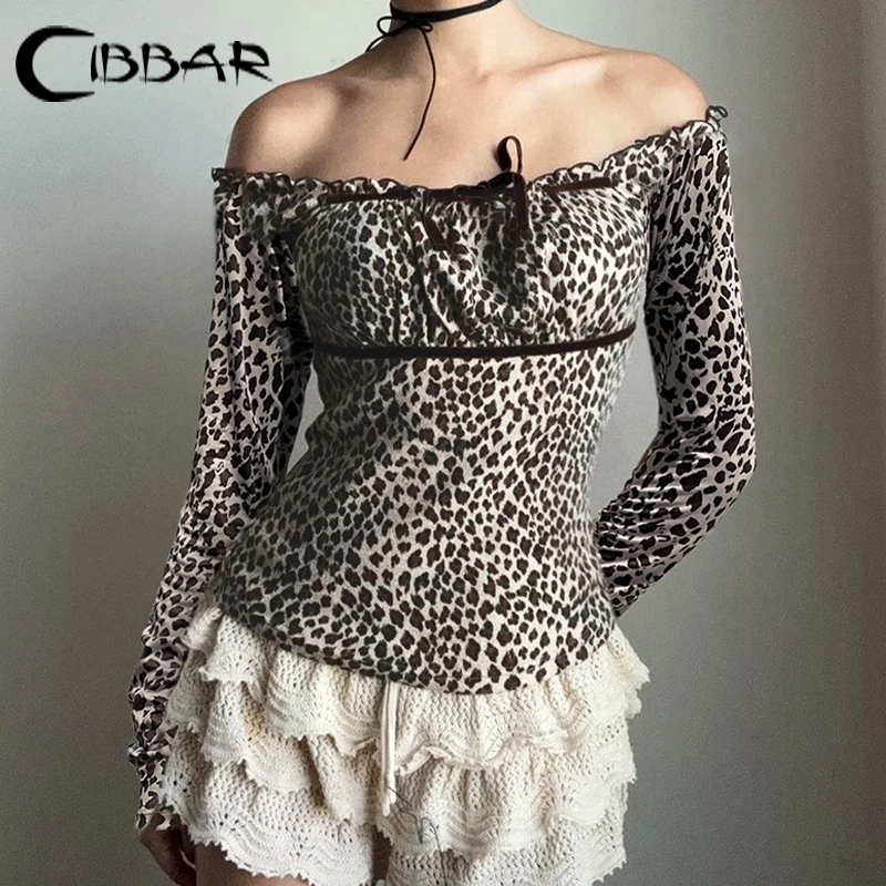 CIBBAR Leopard Print Square Collar T-shirt y2k Vintage Lace-up Long Sleeve Cropped Top Women Casual Spring Autumn Tee Shirt Chic