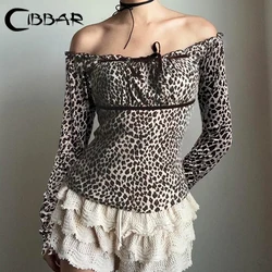 CIBBAR Leopard Print Square Collar T-shirt y2k Vintage Lace-up Long Sleeve Cropped Top Women Casual Spring Autumn Tee Shirt Chic