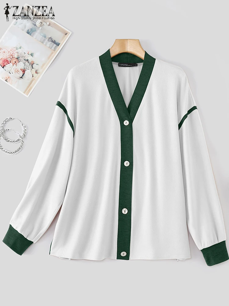 ZANZEA 2025 Musim Gugur Kemeja Korea Warna-warni Wanita Kerah V Kancing Cardigan Kasual Longgar Lengan Panjang Atasan Vintage Pakaian Luar Wanita