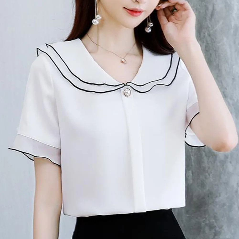 

Long Lasting Brand New High Quality Shirt Blouse Short Sleeve Simple Solid Color Spring Street Patchwork Retro