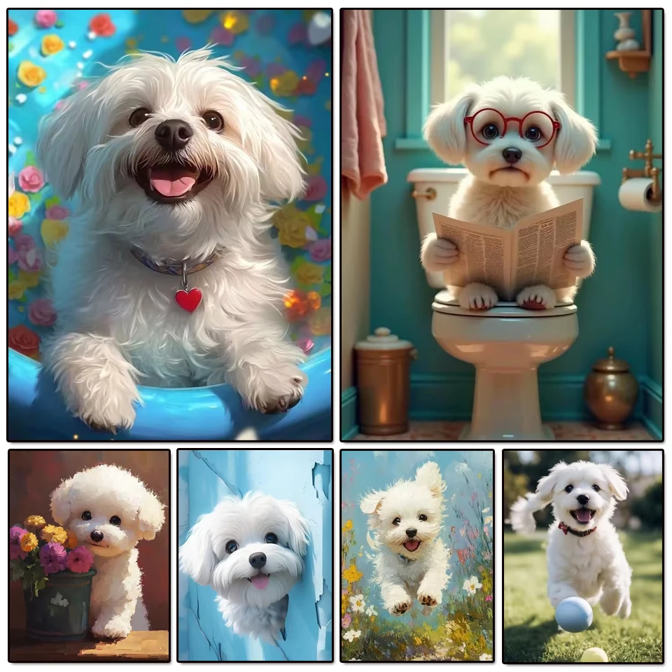 Cute Maltese Dog Canvas Painting Funny Fluffy White Puppy Art Print Whimsical Pet Dog Portrait Wall Picture For Bathroom Kids