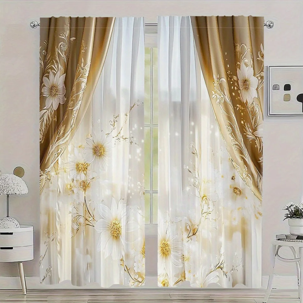 2 Pcs Elegant Gold Floral Sheer Curtains – Beige & White Polyester Rod Pocket for Living Room & Bedroom Decor