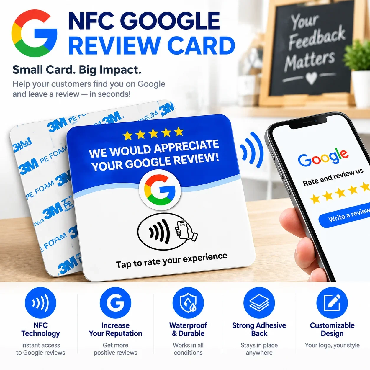 10pcs Google Signboard Card Acrylic NFC Code Tap Business Desktop Sticker Google RFID NFC Card Google Square Review Card
