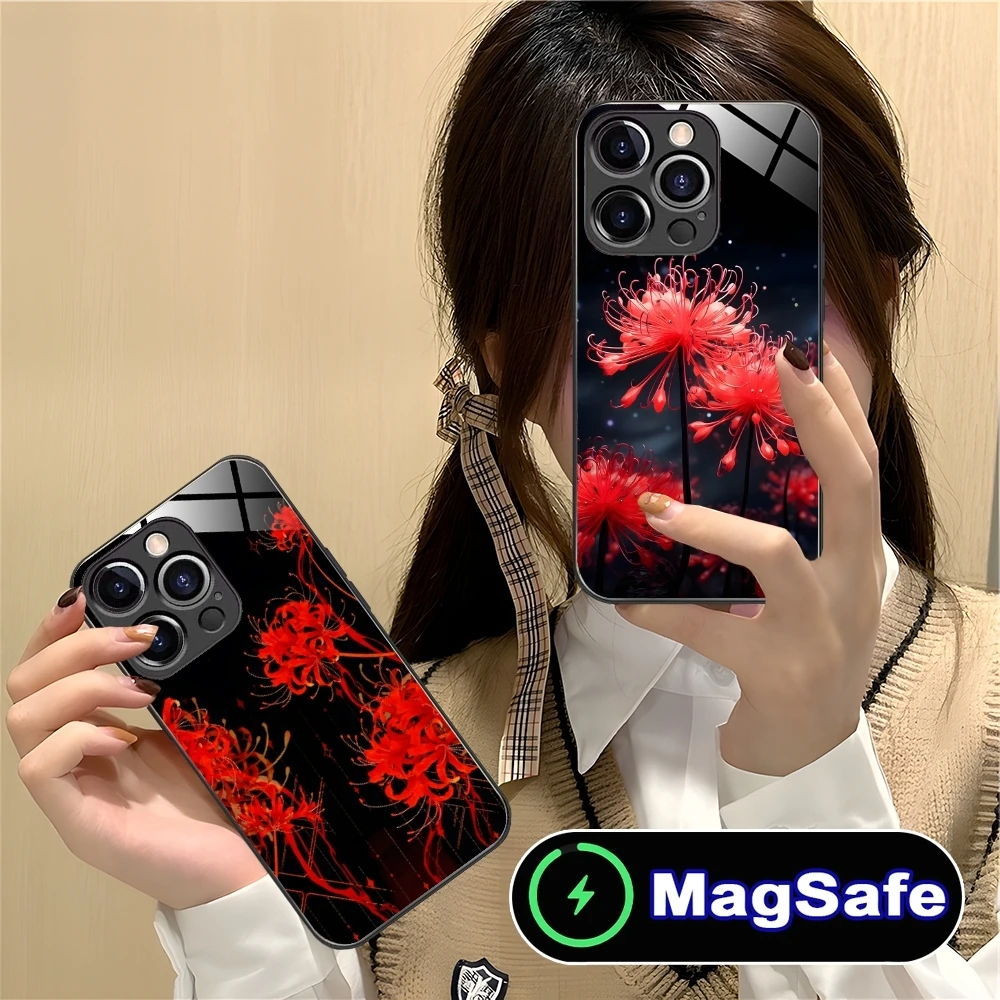 Red Spider Lily Color Mobile Cell Phone Case for iPhone 16 15 14 13 12 11 Pro Max Plus Mini MagSafe Wireless Charging Glass Cove