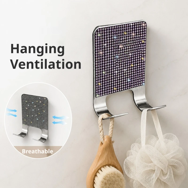 Bling Crystal Self Adhesive Double Hooks No Drill Wall Hanging Rack for Bathroom Towel Clothes Organizer