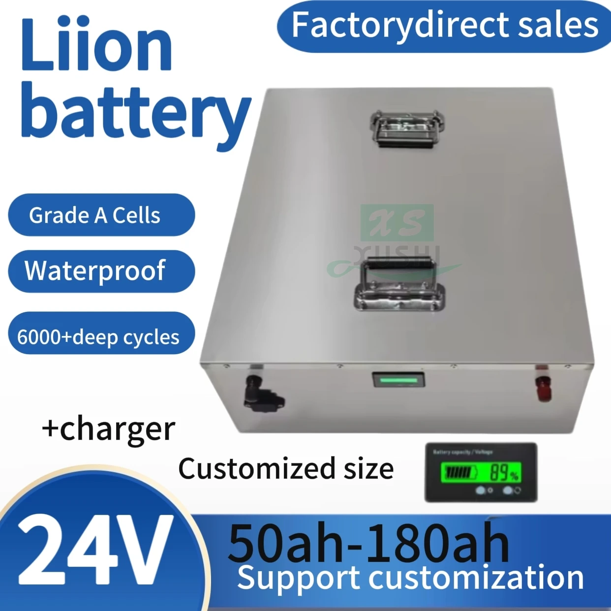 

XS li-ion battery for 24V 50AH 60AH 130AH 150AH 120Ah 100Ah 180AH 2000W RV EV scooter solar golf cart UPS +10A Charger