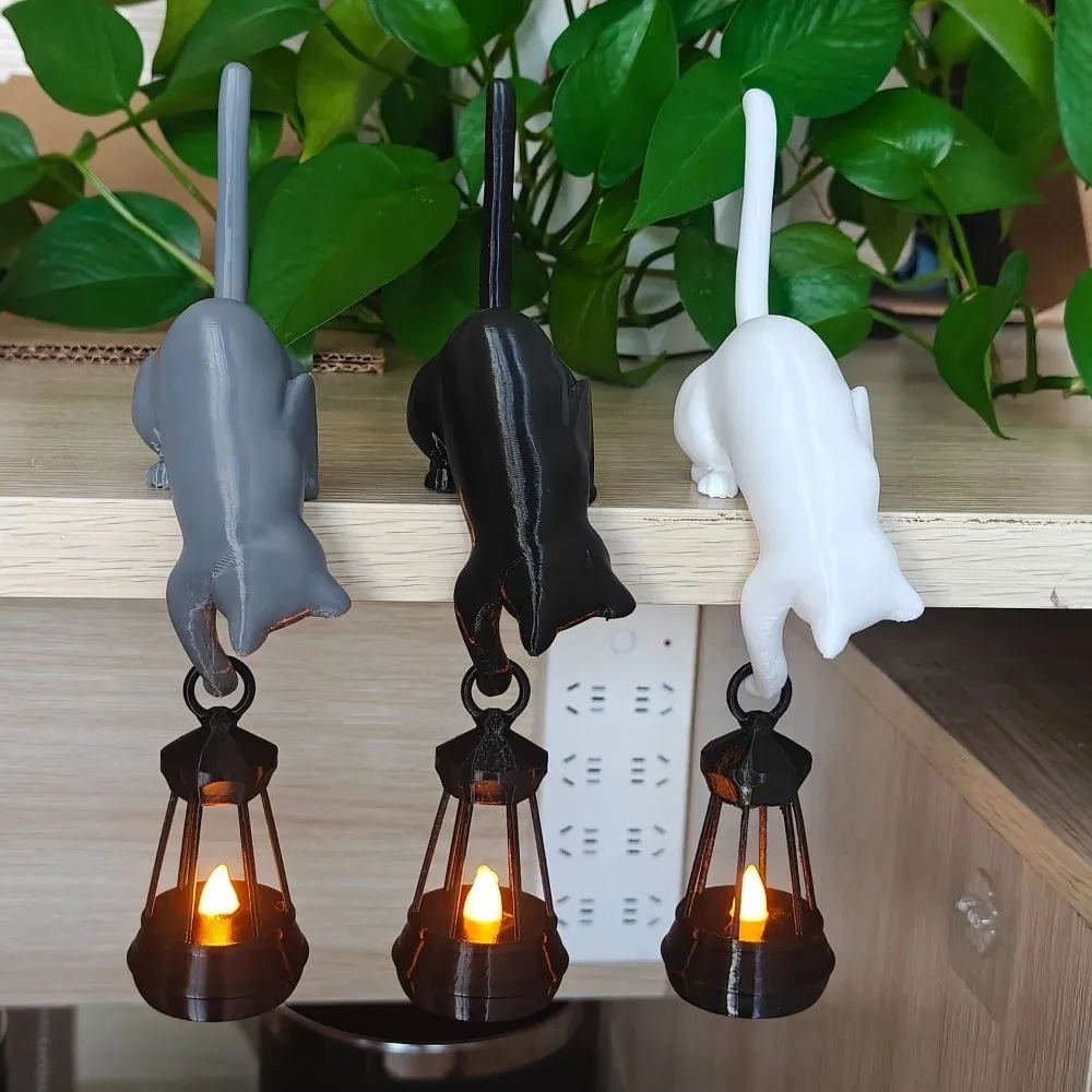 3D Printed Cat-Shaped Wall Hook Inverted Hanging Cute Wall Key Rack with Lantern Creative Wall Hanger Ornaments
