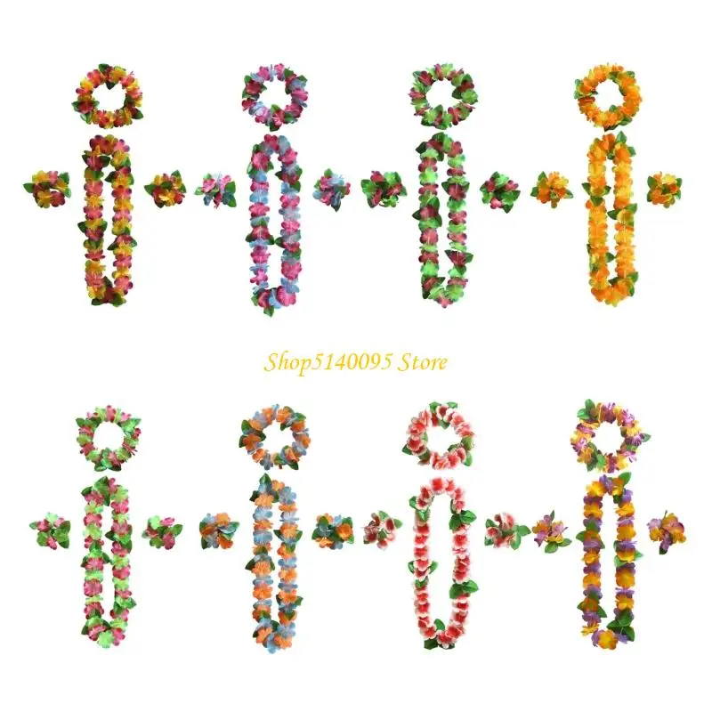 

DXAE Hawaiian Leis Set Flower Headband Wristbands Flowers Necklaces for Summers Beach Vacations Luaus Party Decors