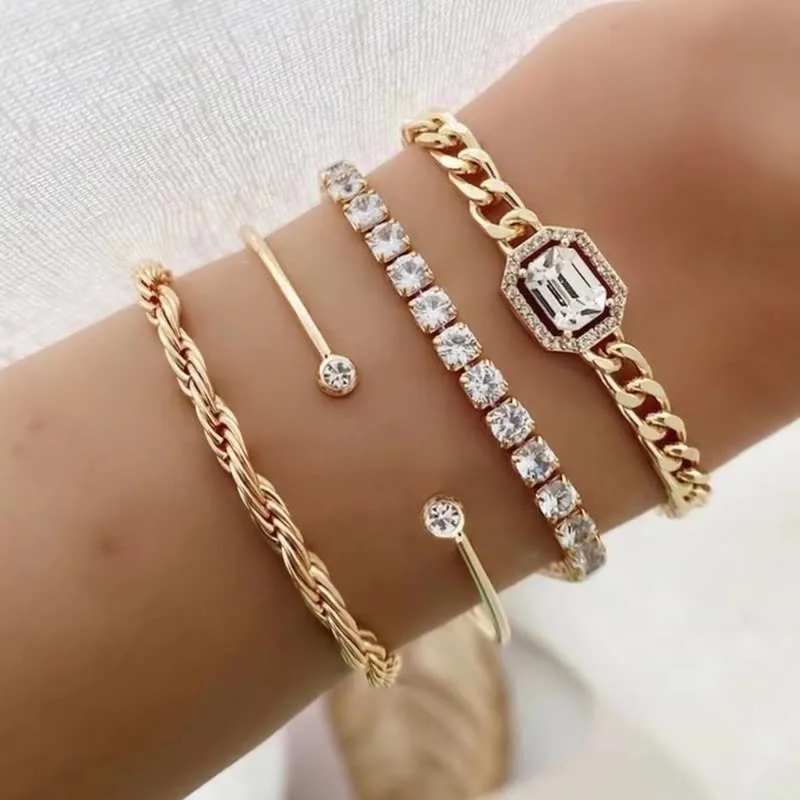 Punk Statement Bracelet Set: 4-Piece Twisted Chain & Imitation Gemstone Cuffs, Bold Rebel Style Stacking Jewelry.