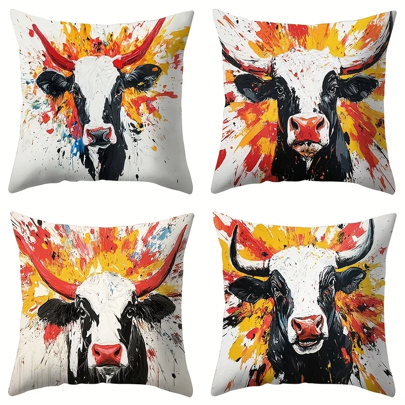 4pcs Rural dairy cow pattern Single-sided printing Short plush Suitable for living rooms bedrooms sofas (excluding pillow cores)