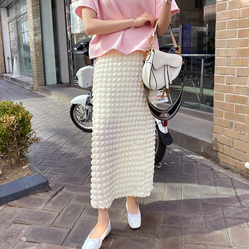 

Chic High Waist Bubble Plaid Design Women's Midi Skirt Faionable Versatile Step Skirt Korean Sle Long H-Line Pure Color