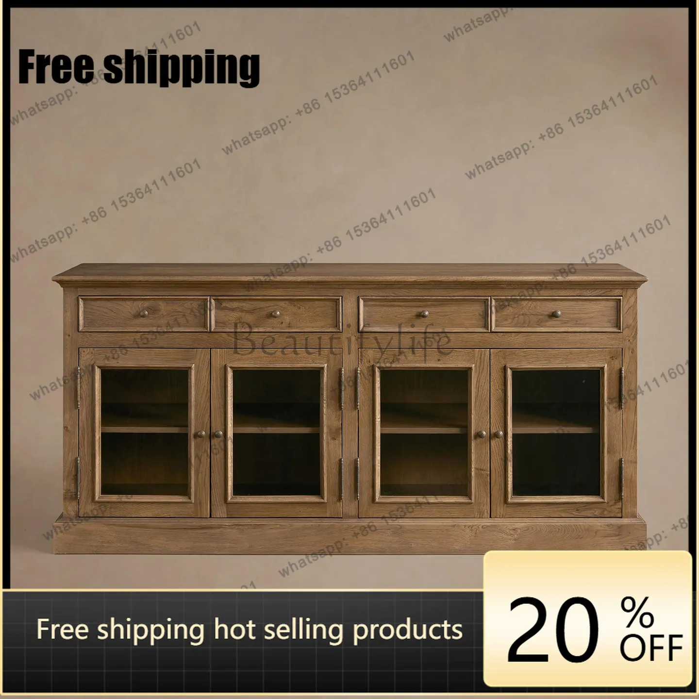 LD American-style solid wood sideboard multi-layer storage wall-mounted display entryway storage cabinet