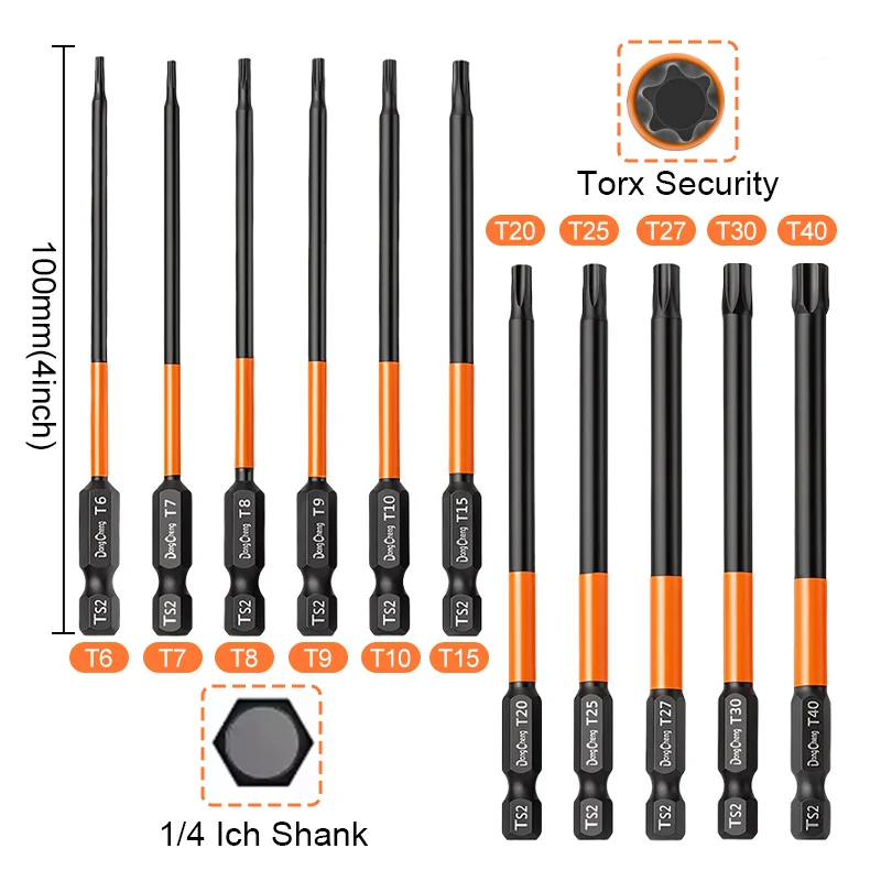 100mm TS2 Steel Magnetic Torx Screwdriver Set T6-T40 1/4 Hex Shank Automotive & Electronic Repair Tool for Security Screws