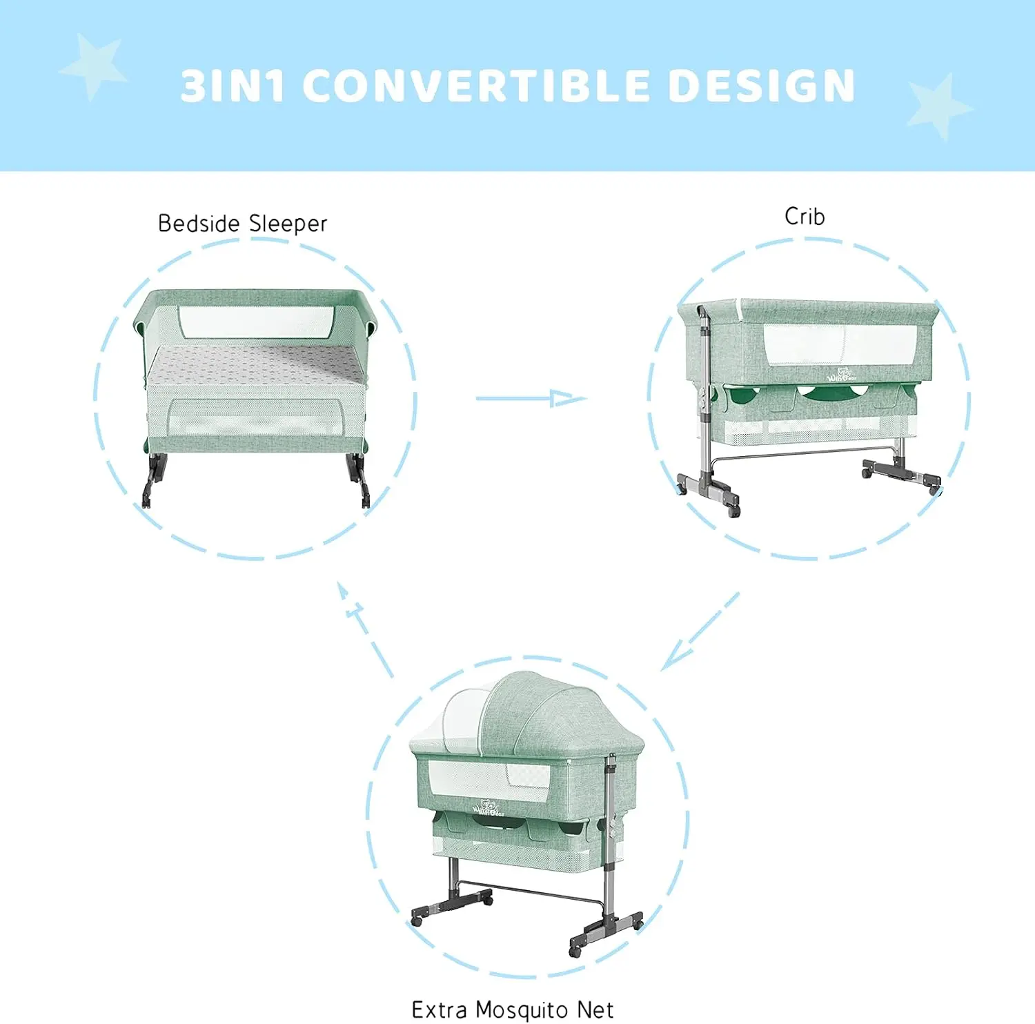 Baby Bassinet Bedside Sleeper 3 in 1 Bedside Crib, Adjustable Portable Bed for Infant/Baby/New born, with Mosquito Nets, Large S