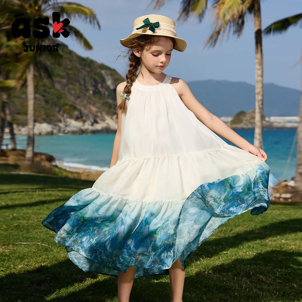 فستان بناتي صيفي برقبة دائرية وطبعة حبر لطخة #1