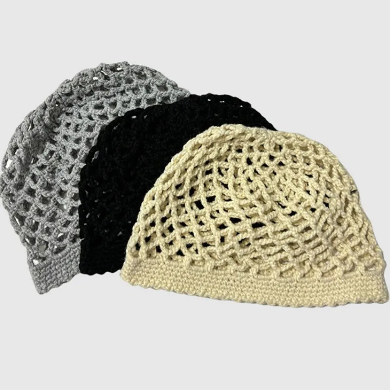Korean Spring and Autumn Mesh Hollow Knitted Hat Hand-woven Ins Simple Solid Color Breathable Short Brim Sleeve Skull Beanie Cap