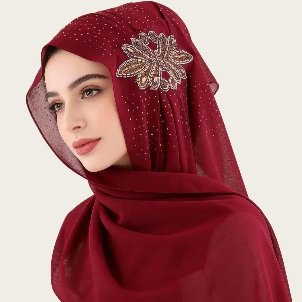 Sparkling Shiny Chiffon Hijab Light Luxury Rhinestone Flower Decor Head Wrap Turban Solid Color Breathable Long Scarf Women