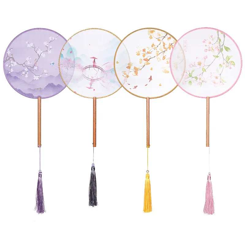 Silk Antique Round Bamboo Hand Ancient Fan Dance Fan Hanfu Women Wooden Handle Translucent Fan Wedding Favors And Gifts