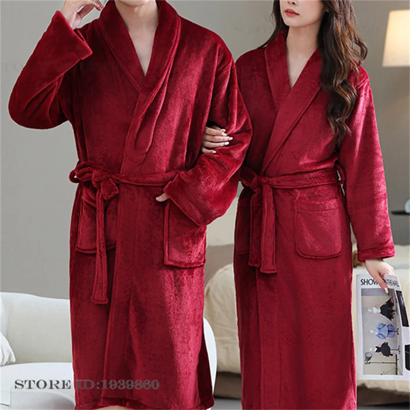 Autumn Winter New Flannel Long Robe Couple Sleepwear Loungewear Thicken Warm Women's Nightwear Bathrobe Coral Fleece Homewear