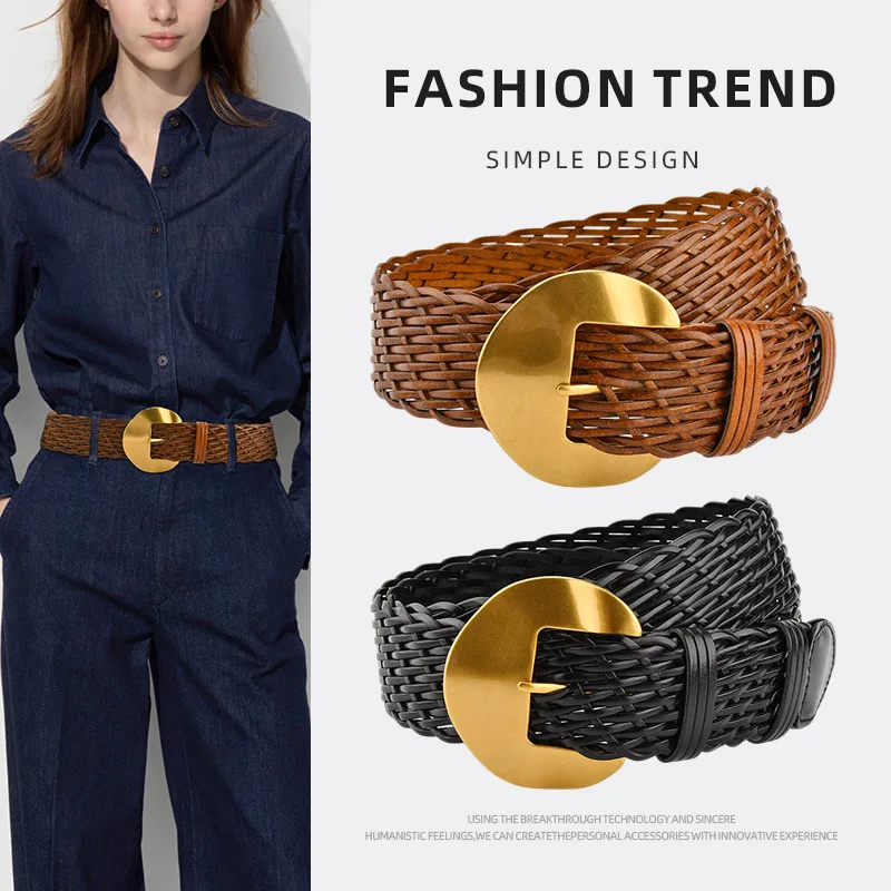 Fashion Ladies Wide Woven Belt Handmade Braided Waistband Round Buckle Vintage Style for Jeans Dress Party Daily Outfits