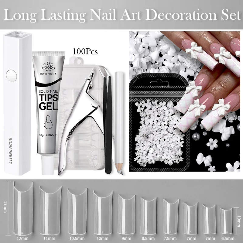 BORN PRETTY 30ml Solid Nail Tips Glue Gel Set Quick Drying Extension Clear Acrylic Gel for False Nails Adhesive Press On Nails