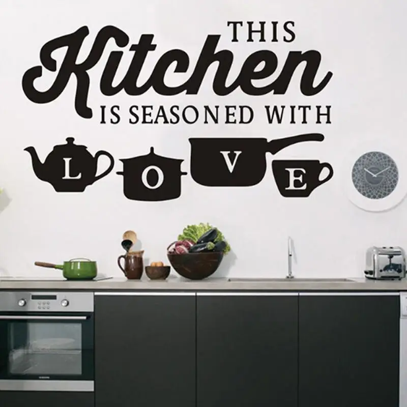 Adesivo Murale Rimovibile Click Down Con Scritta 'This Kitchen Is Seasoned With Love' Per Cucina, Lingua Inglese