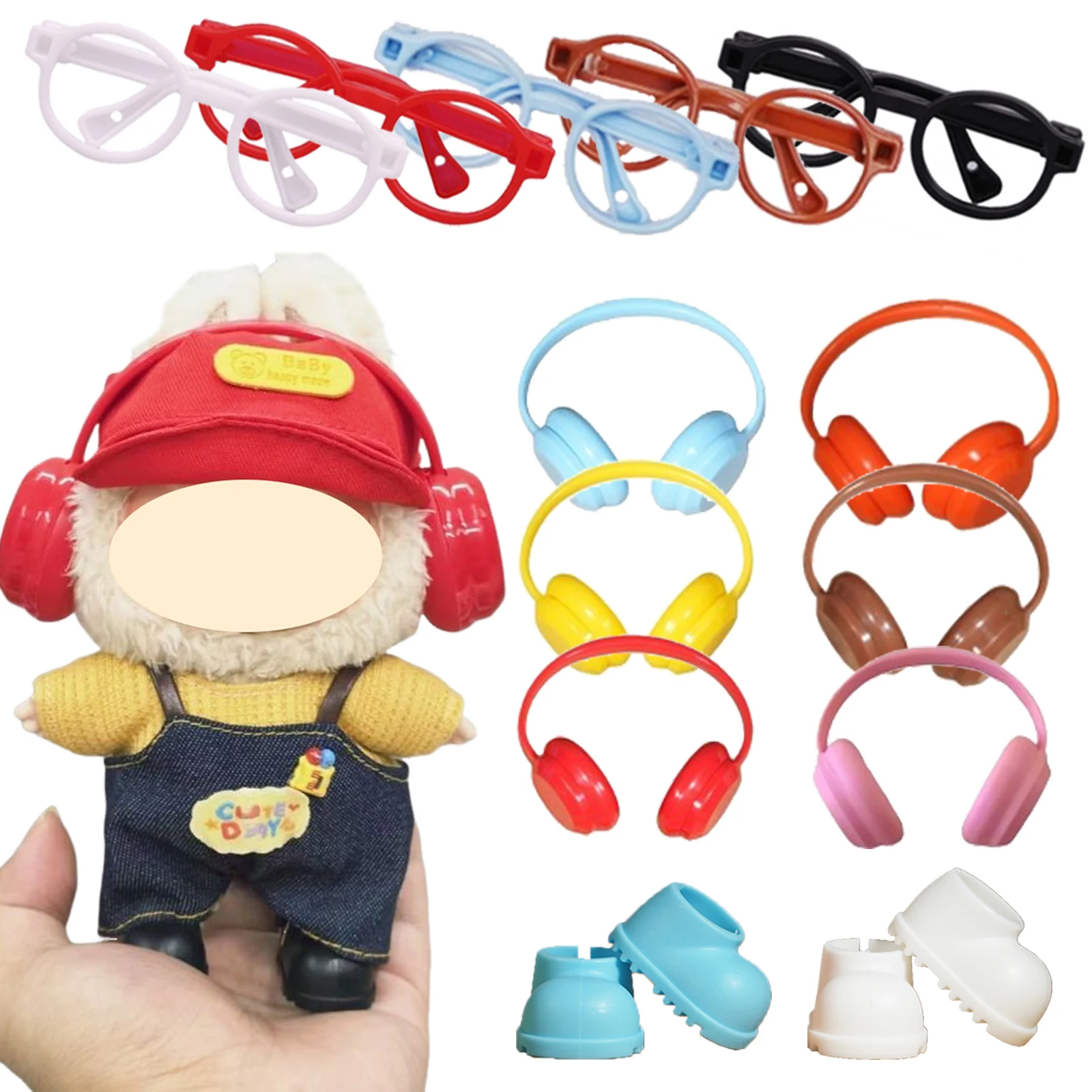 2Pcs DIY Plush Doll Accessories for 15-17cm Doll Shoes Glasses Plastic Headphone Set Birthday Gift Toy No Dolls